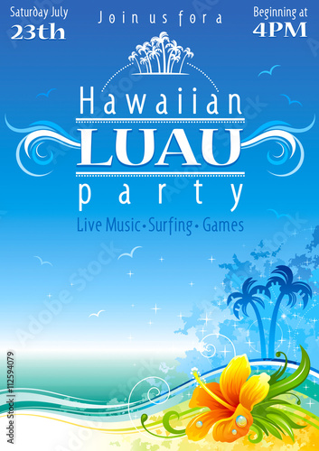 Day beach poster for hawaiian party with hibiscus flower