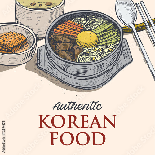 Hand drawn of Bibimbap - Korean Mixed Rice with Meat and Assorted Vegetables