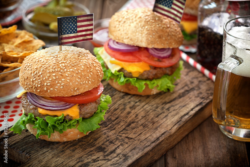 American 4th of July Cheeseburgers with copy space 