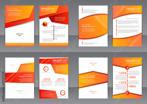 Set of the orange and white flyers, cover and report with place for text. Vector templates of brochures with place for picture for your business in A4 size.