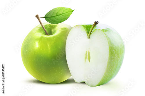 Green apple and half of green apple isolated on white background with clipping path. Two juicy ripe colored apples on a white background isolated with clipping path.
