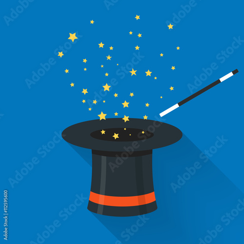 Abracadabra cartoon concept. Magic wand with stars sparks above black magic hat. Abracadabra flat design