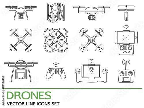 Modern thin line set with drones. Icons collection with quadrocopter, hexacopter, multicopter made in line style. Aerial vehicles for photography, delivery, monitoring purposes. Vector illustration.