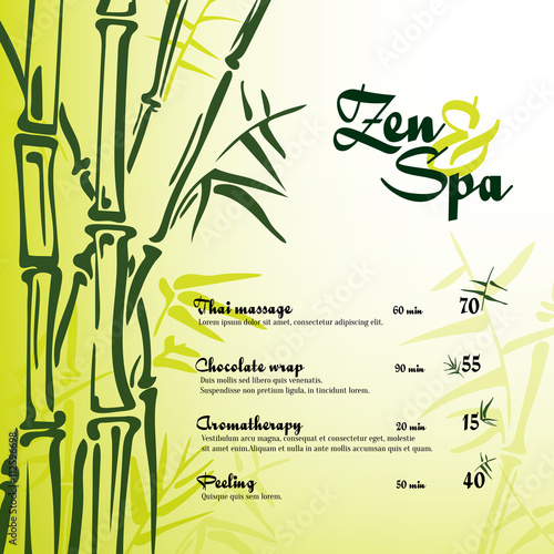 Bamboo stems green backgroung vector with spa logo ink pen painting style. Simple green bamboo illustration on light green background with text. Bamboo bush. Bamboo leaves. For zen and spa.