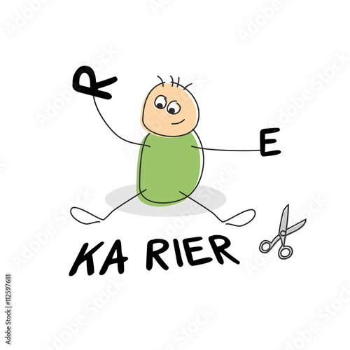Smiling seated doodle figure holding letters