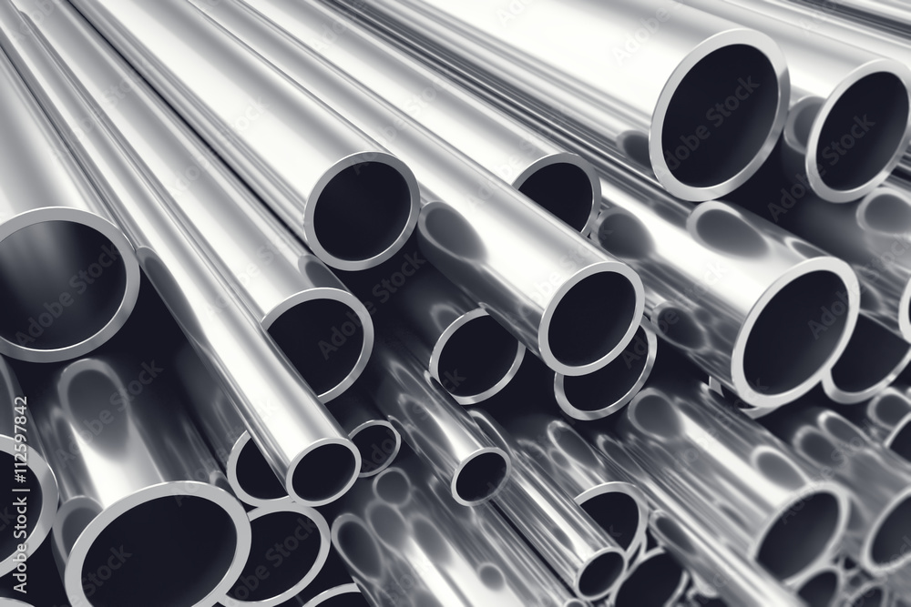 Heap of shiny metal steel pipes with selective focus effect. 3d illustration Heap of shiny metal steel pipes with selective focus effect. 3d illustration