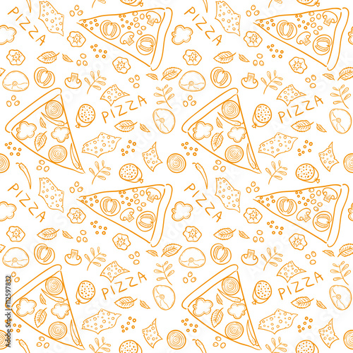 Pizza sketch ingredients - orange vector seamless pattern