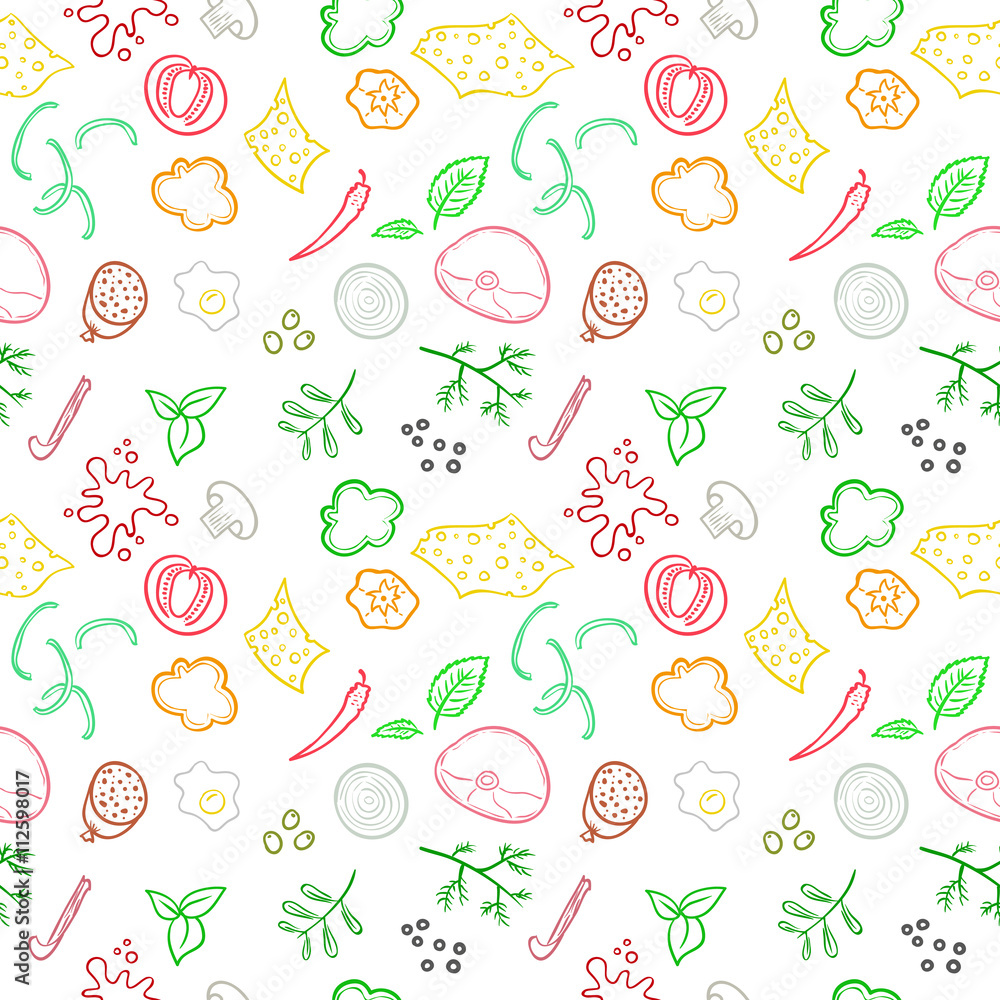 Seamless pizza ingredients pattern. Vector endless design. Seamless pizza ingredients pattern. Vector endless design.