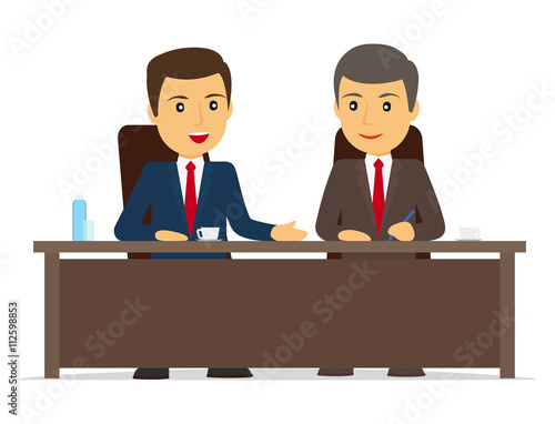 Happy businessman signs contract. Two businessmen sitting at the table, smiling and speaking. Vector illustration