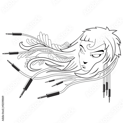 black and white girl with cables emerging from hair