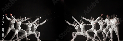 Duel fencers on a black background. collage of photos taken with stroboscope photo