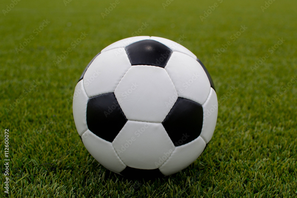 Fototapeta premium soccer ball on the green lawn near the gate of the gate