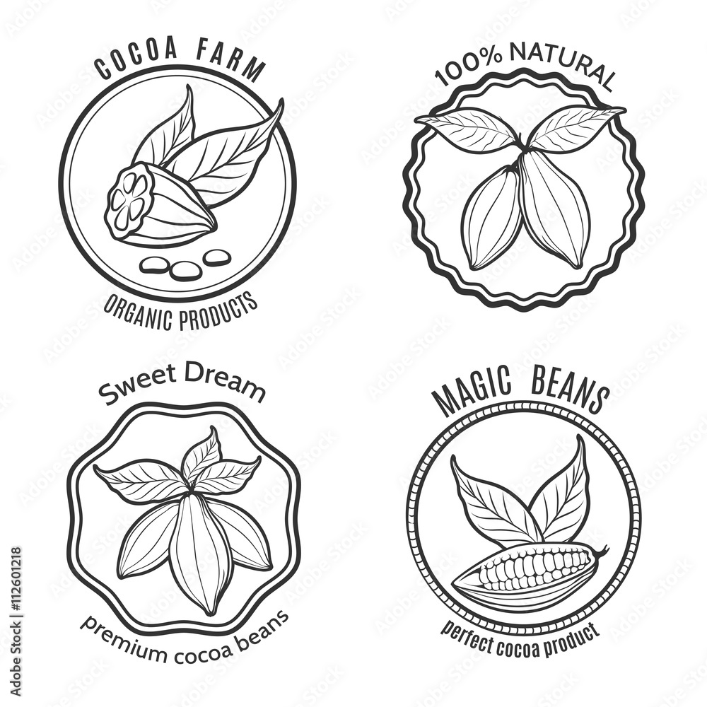 Hand drawn cacao logo set and cacao chocolate labels, Vector illustration