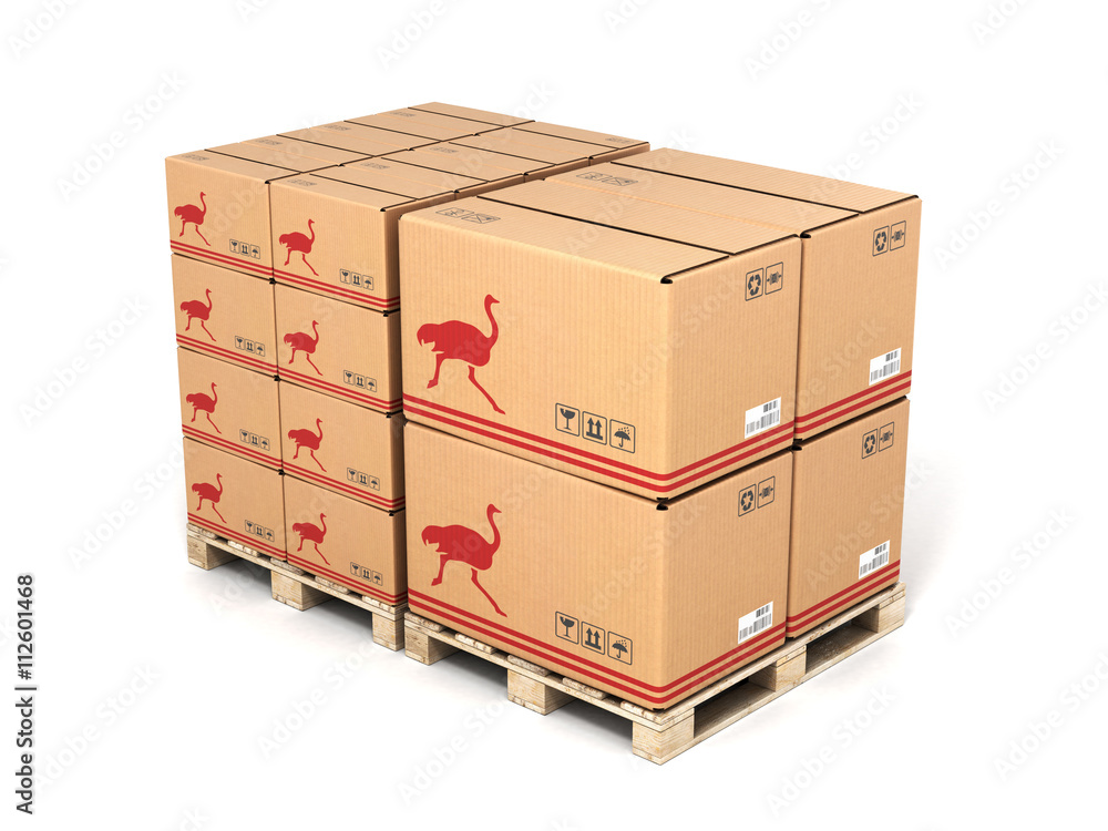 Cardboard boxes on wooden pallet isolated on white background 3d Cardboard boxes on wooden pallet isolated on white background 3d