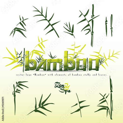 Bamboo logo stems with bamboo bush isolated vector ink pen painting style. Lettering bamboo green vector illustration on white background. Bamboo leaves. Bamboo elements.