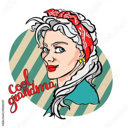 Cool Grandma. Beautiful old woman. Pop Art illustration. Striped background.