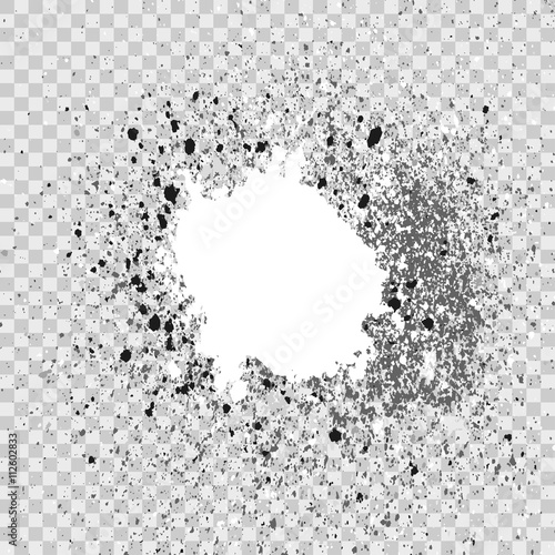 Silver explosion of paint splatter. Isolated on transparent gray background. Grainy abstract holiday illustration. Silver colored texture. Glowing spray stains abstract vector