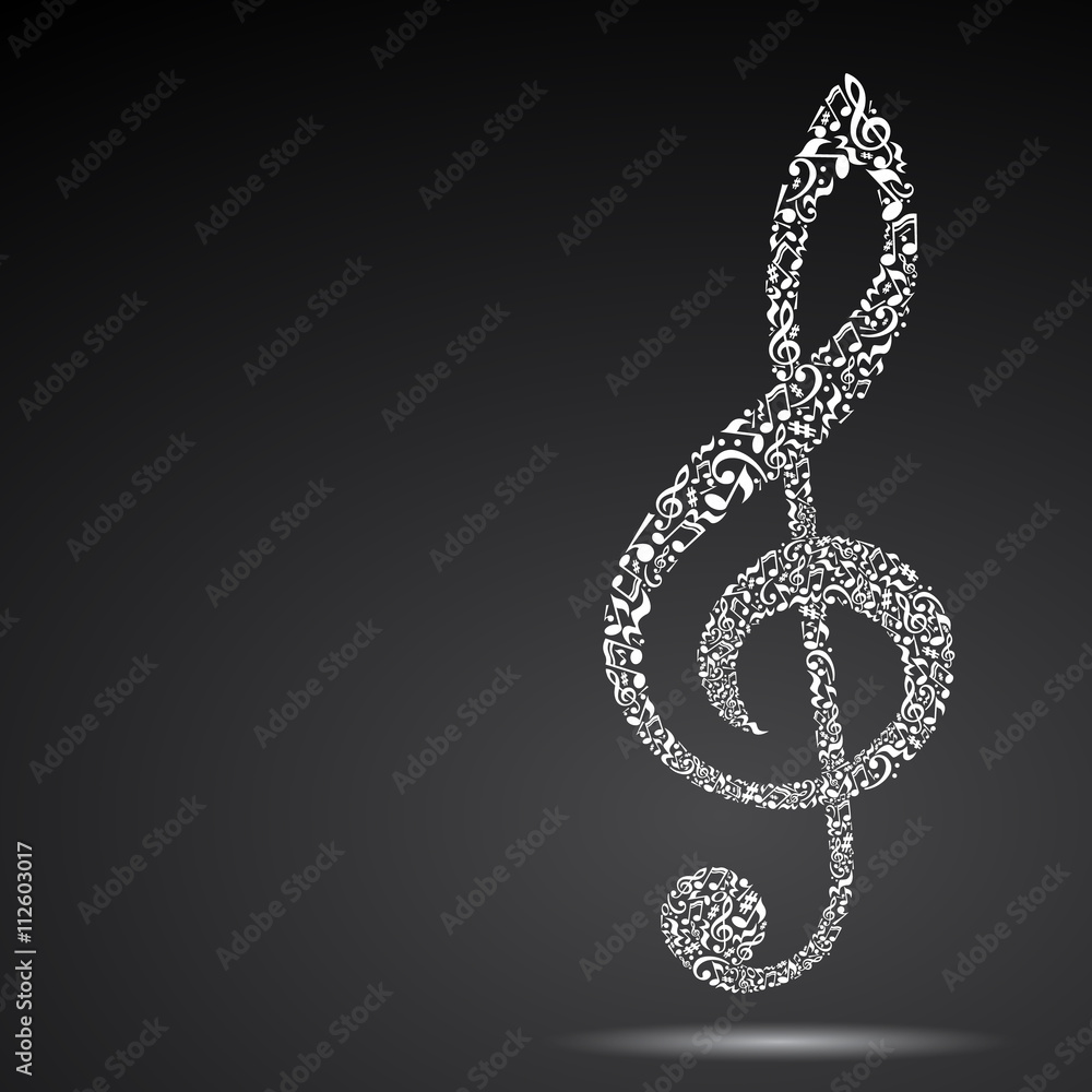 Treble clef made of music notes on black background. White notes pattern. Black and white design. G clef shape. Poster and decoration idea. Treble clef made of music notes on black background. White notes pattern. Black and white design. G clef shape. Poster and decoration idea.