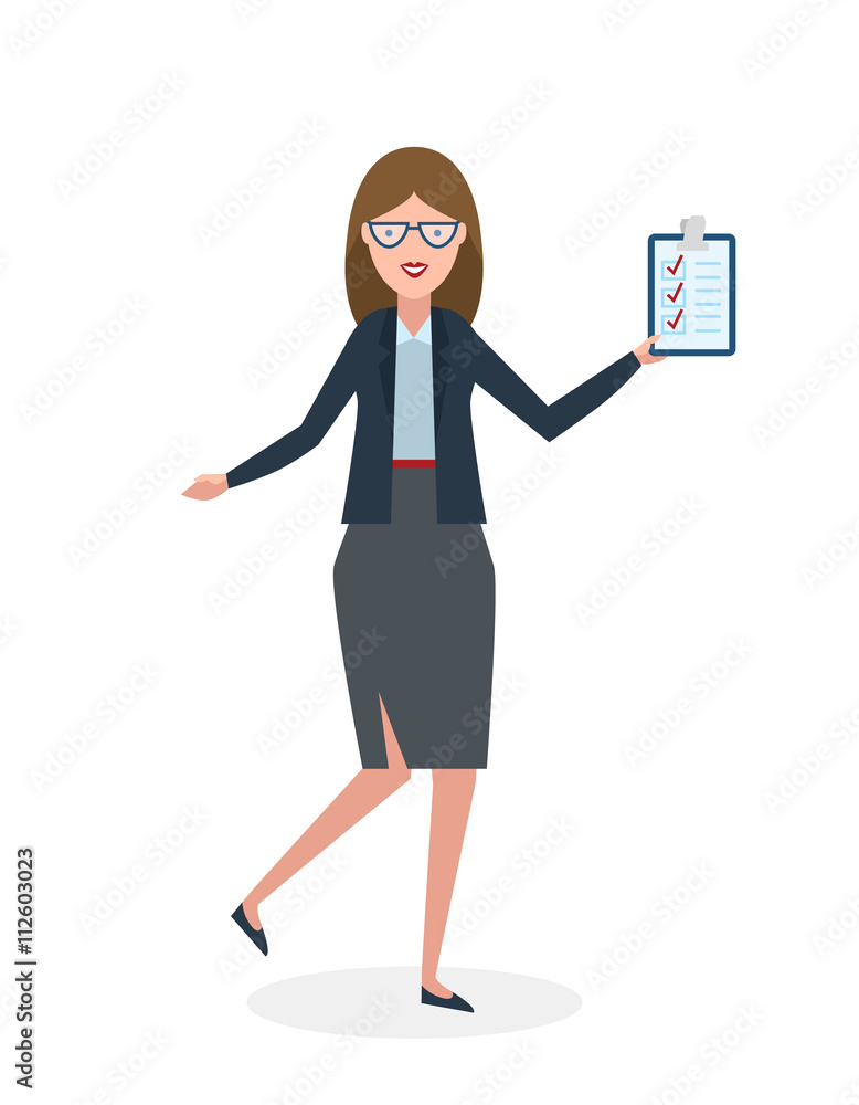 Businesswoman with clipboard and thumb up on white background. Isolated character. Businesswoman holding clipboard. Concept of supply, planning, agree, approve.