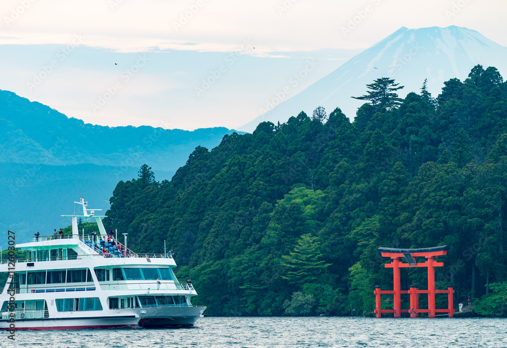 Majesty of Mount Fuji over Lake Ashi in Hakone - Japan Majesty of Mount Fuji over Lake Ashi in Hakone - Japan