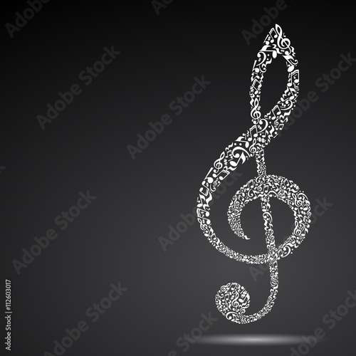 Treble clef made of music notes on black background. White notes pattern. Black and white design. G clef shape. Poster and decoration idea.
