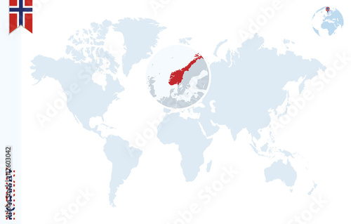 Blue world map with magnifying on Norway.