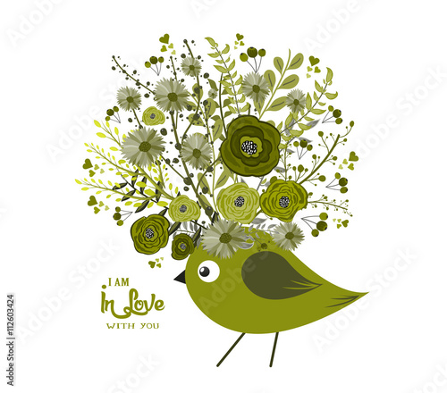 Drawing pen bird face, macaque portrait with beautiful flowers on the head, floral wreath