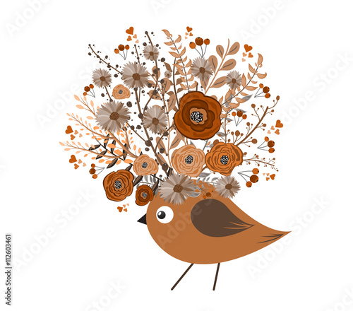 Drawing pen bird face, macaque portrait with beautiful flowers on the head, floral wreath