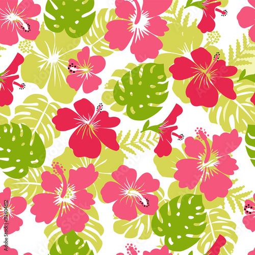 Pattern of tropical leaves and flowers hibiscus flower
