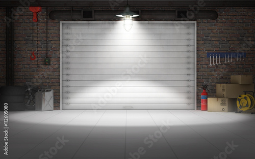Valokuvatapetti Empty car repair garage background. 3d rendering