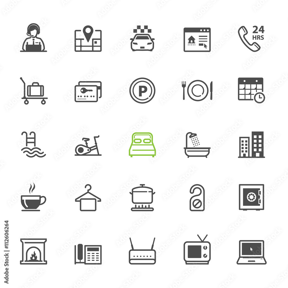 Hotel and Hotel Amenities Services icons with White Background
