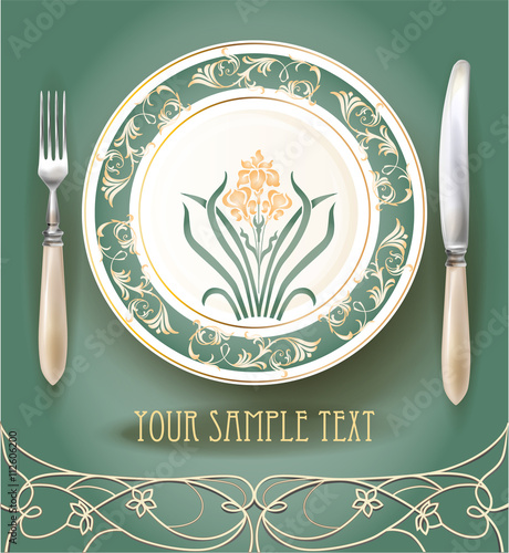 Realistic plate with knife and fork. Menu design template.