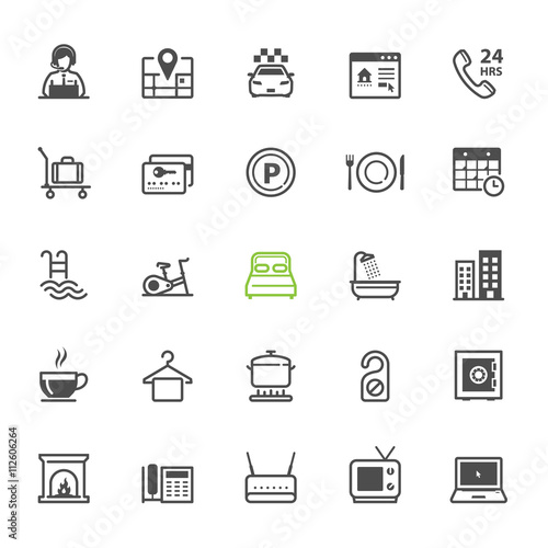 Hotel and Hotel Amenities Services icons with White Background 