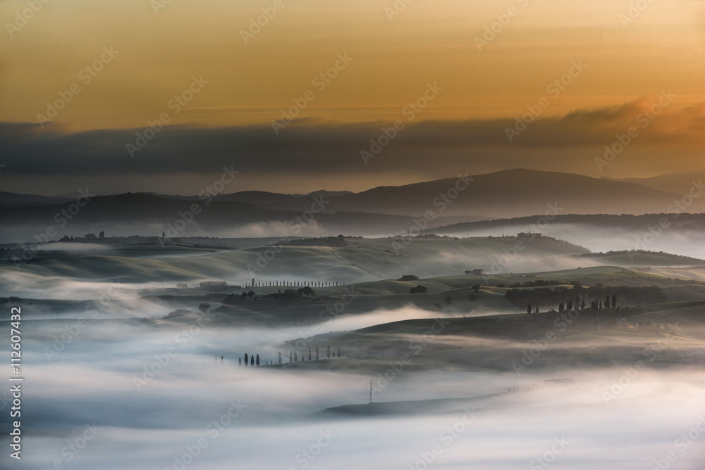 Fantastic landscape in the mists of light painted. Spring landsc