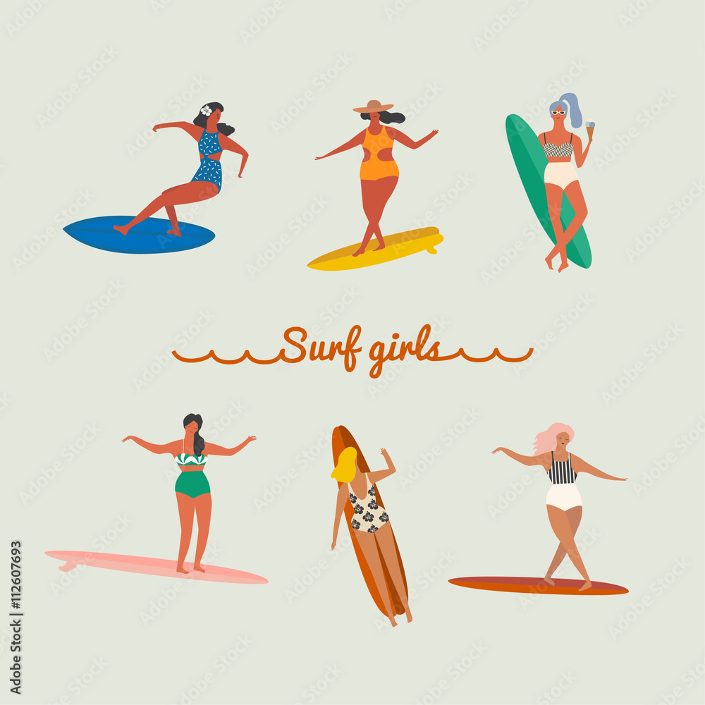 Flat illustration with surfer girls Flat illustration with surfer girls