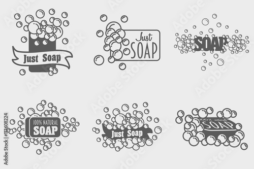 Set of soap with foam logos or labels templates. Vector illustrations with foam bubbles. can be used for design logotype or symbol