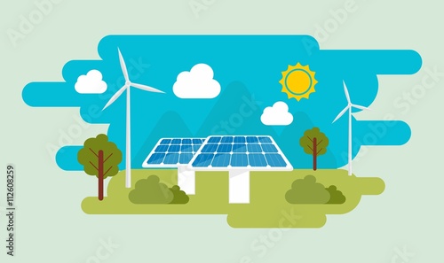 Green eco energy flat design vector concept illustration. Sun and wind energy. Solar panel and wind farm illustration