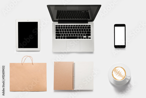 Design concept of mockup tablet, notebook, cell phone, book, cof