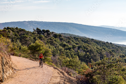 Mountain biker riding on bike in summer sunset woods