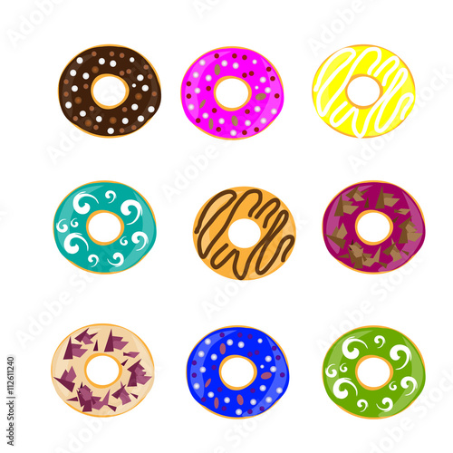 Collection of glazed colored donuts. Set of donuts. Vector illustration