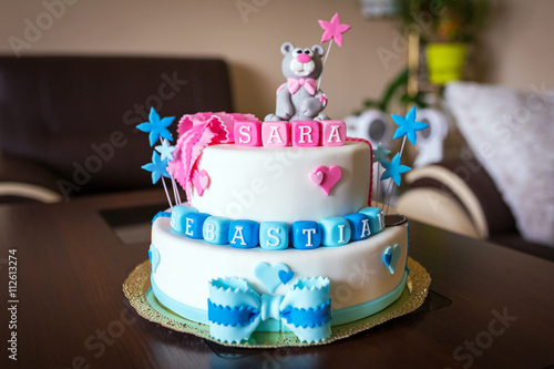 Birthday cake for baby boy and girl twins with names