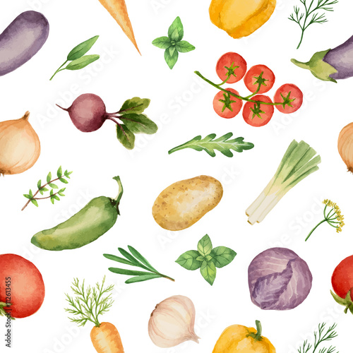 Seamless pattern with watercolor vegetables.