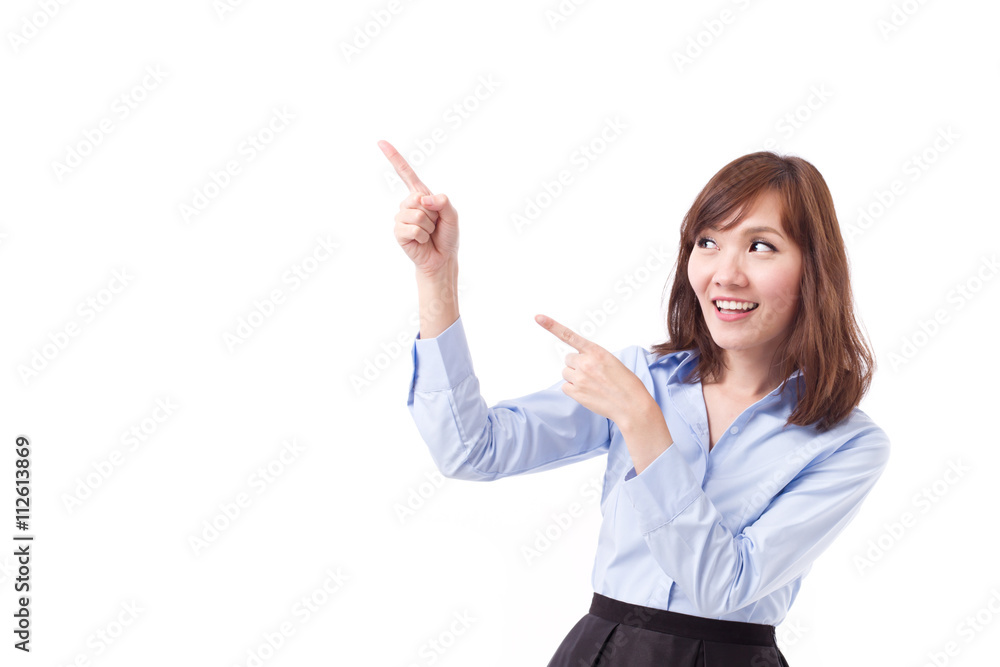 business woman pointing up at blank space, studio isolated of as business woman pointing up at blank space, studio isolated of as