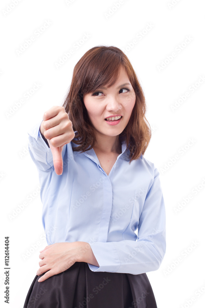 unhappy woman office worker giving thumb down, studio isolated o unhappy woman office worker giving thumb down, studio isolated o