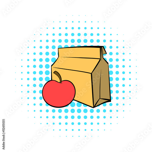 Apple and a paper bag with lunch icon comics style
