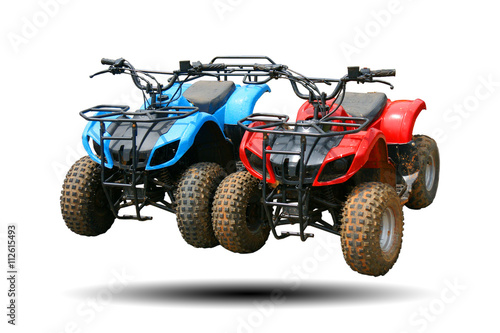 Red and blue ATV quad bike in Thailand, isolated on white background