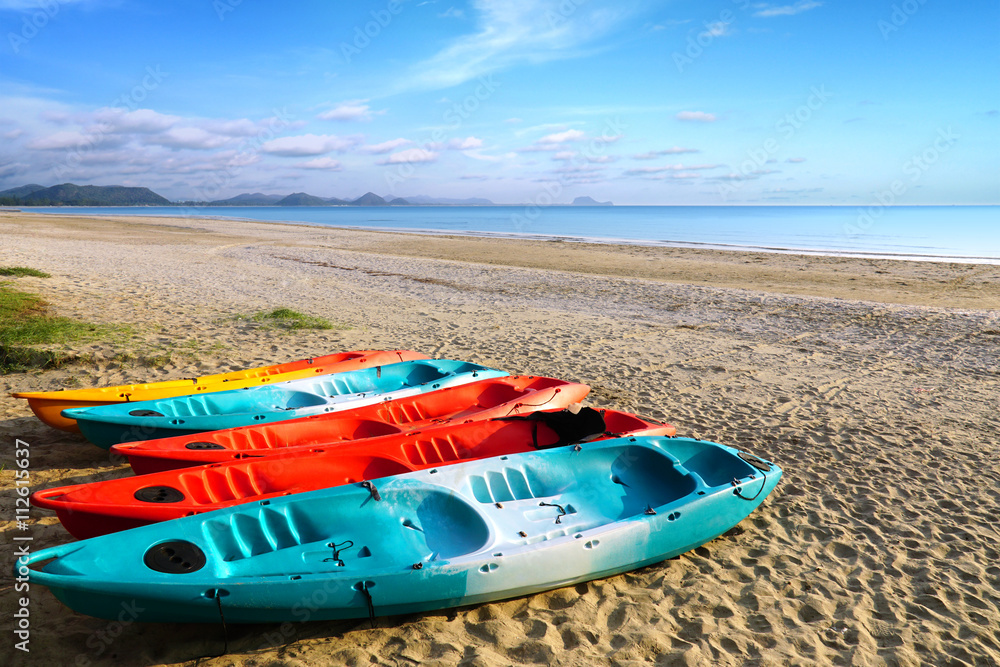 Fototapeta premium Colorful sport kayaks on the tropical beach, Pranburi, Thailand.