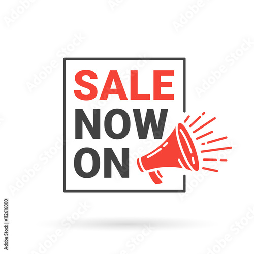 Red sale now on discount banner with loudspeaker icon. Sale announcement sign. Promo banner with red megaphone symbol. Vector illustration.