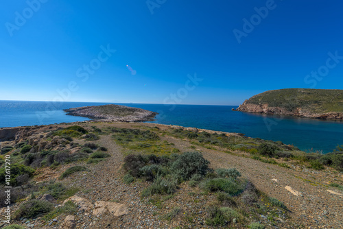 Rocky beach in Mykonos, Cyclades, Greece.