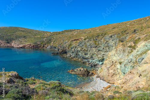 Rocky beach in Mykonos, Cyclades, Greece.